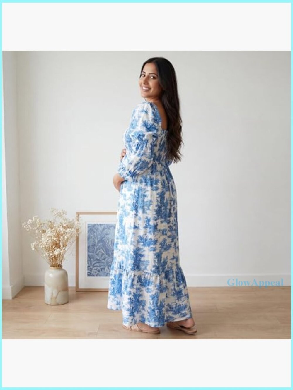 Ruffle Ruched High Waist Puff Sleeve Maternity Maxi Dress Long Sleeve - Picture 4 of 5